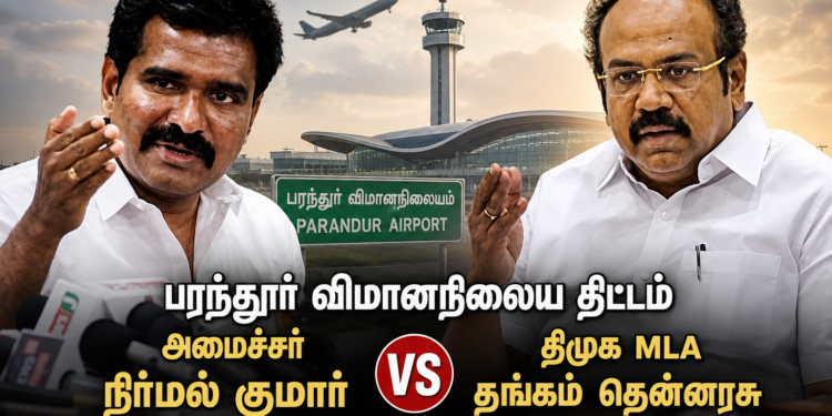 “G Square மாப்பிள்ளை” Vs “லாட்டரி மருமகன்”: பரந்தூர் விமான நிலையம் ரத்து விவகாரத்தில் வெடித்த அரசியல் மோதல் — வளர்ச்சியா, விவசாயமா?